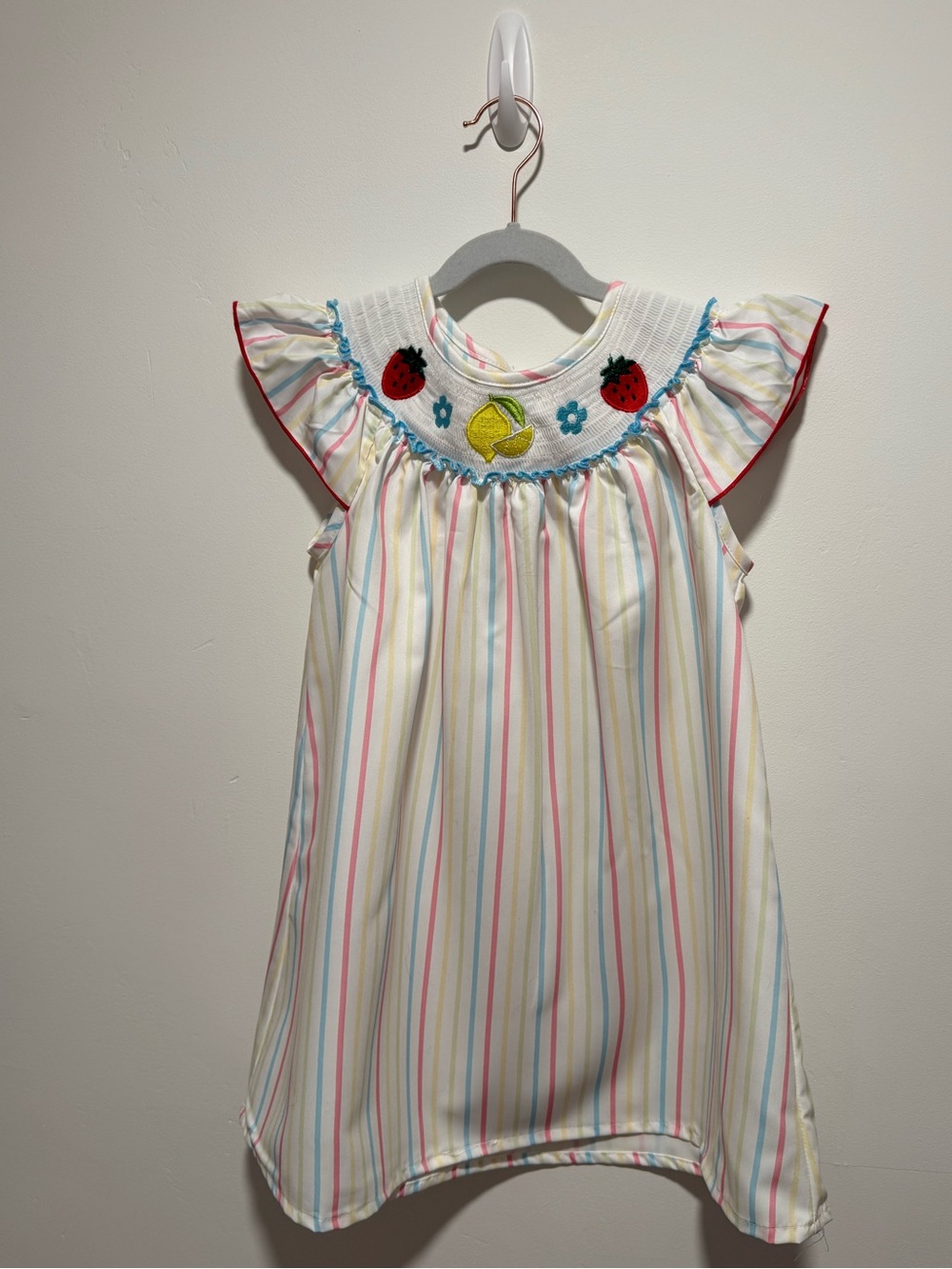 Smocked Fruit Stripe Girls Dress with Ruffle Sleeves - 5/6